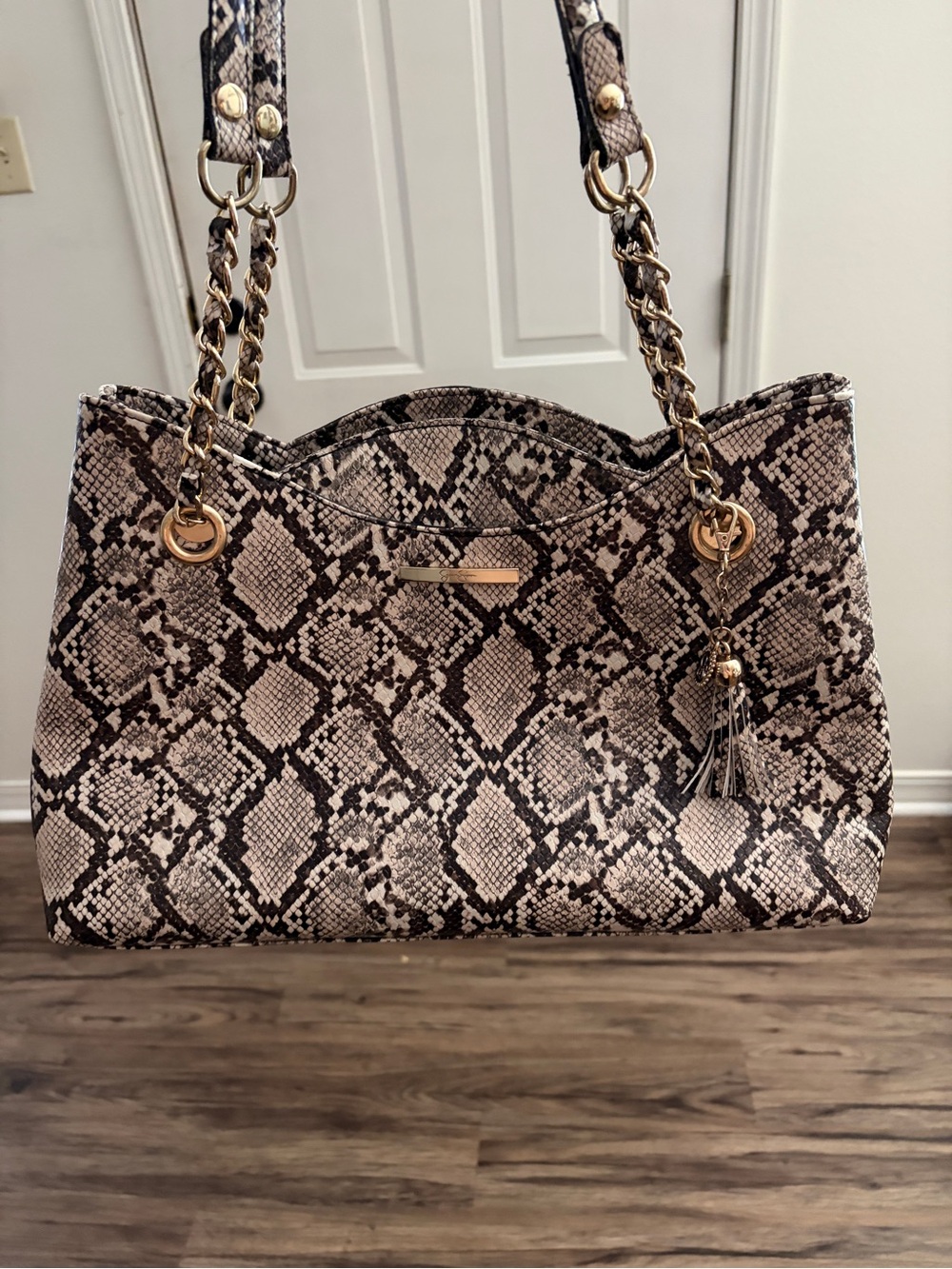 Jessica Simpson Taupe and Black Snake-Print Shoulder Bag with Gold Accents